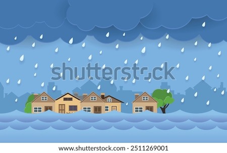 Flood natural disaster with house, heavy rain and storm , damage with home, clouds and rain, flooding water in city, Flooded house.