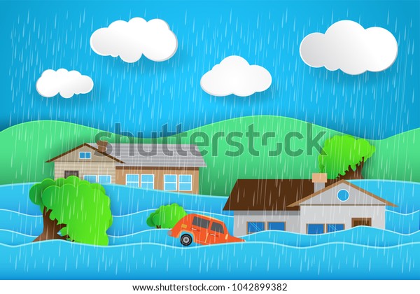 Flood natural disaster with\
house, heavy rain and storm , damage with home, flooding water in\
city 