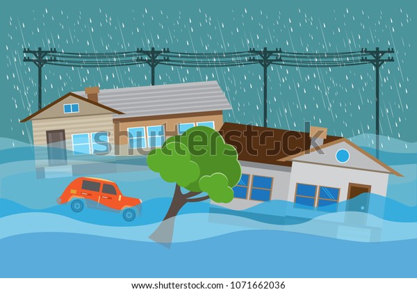 Flood Natural Disaster House Heavy Rain Stock Vector (Royalty Free ...