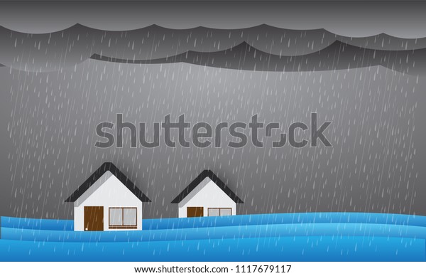 Flood natural disaster with house, heavy rain and
storm , damage with home, clouds and rain, flooding water in
city,Flooded house.