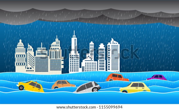 Flood natural disaster with house, heavy rain\
and storm , damage with home, clouds and rain, flooding water in\
city,Flooded house.\
