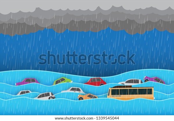 Flood natural disaster with house, heavy rain and\
storm , damage with home, clouds and rain, flooding water in\
city,Flooded house.