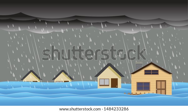 Flood natural disaster with house, heavy rain and\
storm , damage with home, clouds and rain, flooding water in city,\
Flooded house.