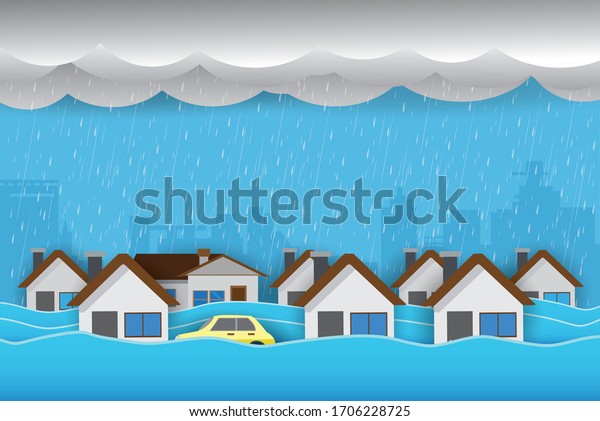 Flood natural disaster with house, heavy rain and\
storm , damage with home, clouds and rain, flooding water in city,\
Flooded house.