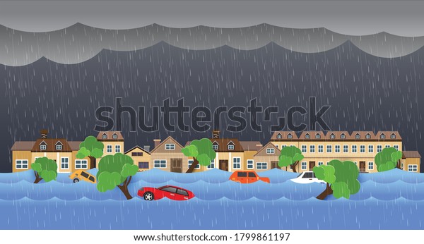 Flood natural disaster with house,\
heavy rain and storm , damage with home, clouds and\
rain