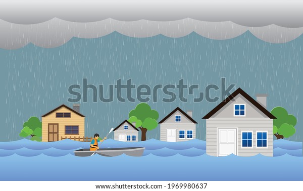 Flood natural disaster with\
house, heavy rain and storm , damage with home, flooding water in\
city