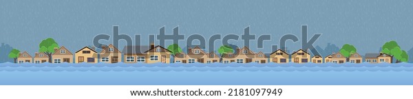 Flood natural disaster with house, heavy rain and\
storm , damage with home, clouds and rain, flooding water in city,\
Horizontal banner.