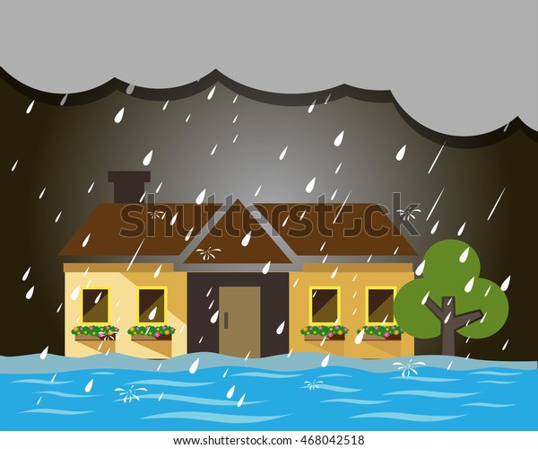Flood natural disaster with house, heavy rain and
storm , damage with home, clouds and rain, flooding water in city,
Flooded house.
