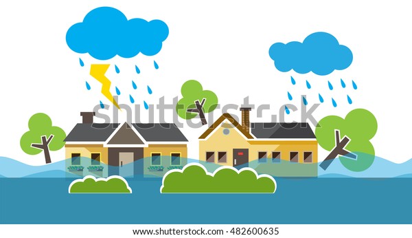 Flood natural disaster with house, heavy
rain and storm , damage with home, clouds and rain, flooding water
in city, Flooded house, falling
trees