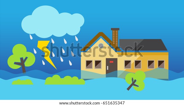 Flood natural disaster with house, heavy
rain and storm , damage with home, clouds and rain, flooding water
in city, Flooded house , falling
tree