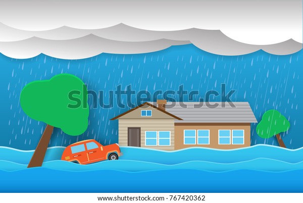 Flood Natural Disaster House Heavy Rain Stock Vector (Royalty Free ...