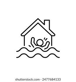 Flood, natural disaster, house and people in water, line icon. Countryside area with flooded building. Water stream flow at street with cottage house. Rescue person. Vector illustration