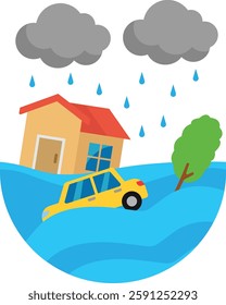 Flood natural disaster with house vector illustration