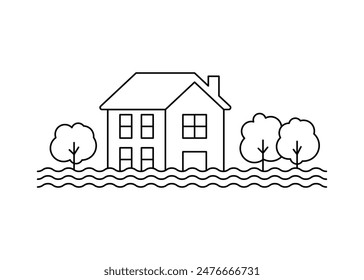 Flood, natural disaster, house in water, line icon. Countryside area with flooded building. Water stream flow at street with cottage house. Climate change. Vector illustration