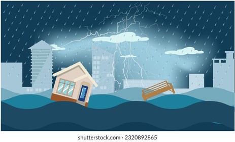 inundación de desastre natural con casa, tormenta de truenos, fuerte lluvia y tormenta, daño con agua de inundación en la ciudad, cambio climático y desastre ambiental, ilustración.