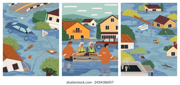 Flood natural disasters vector scene cartoon set