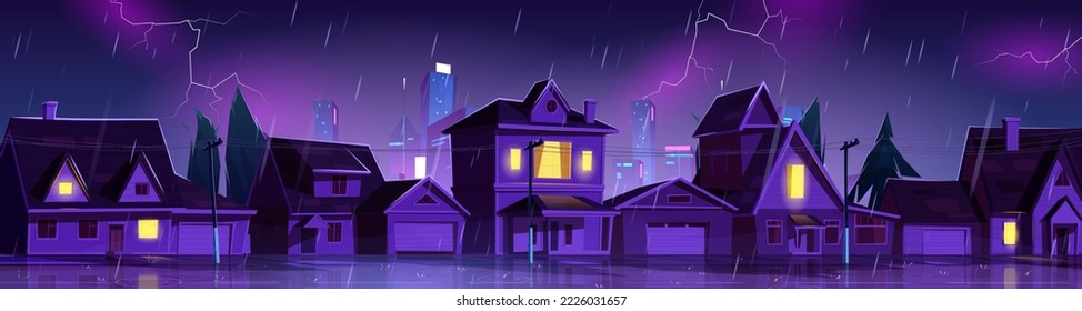 Flood in night suburban town with cottage houses. Natural disaster rain, storm and lightnings at countryside area with flooded buildings. River water stream flow at street, Cartoon vector illustration