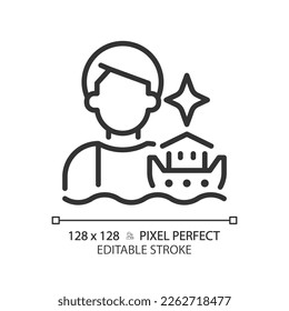 Flood pixel perfect linear icon. Biblical myth about Noah. Character archetype. Psychoanalysis. Literature metaphor. Thin line illustration. Contour symbol. Vector outline drawing. Editable stroke