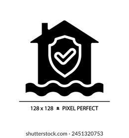 Icono de glifo negro de protección contra inundaciones. Casa con marca de verificación sobre el agua. Prevención de daños por agua. Símbolo de silueta en espacio blanco. Pictograma sólido. Ilustración aislada de Vector. Píxel perfecto