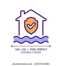 Flood protection RGB color icon. House with checkmark above water. Water damage prevention. Isolated vector illustration. Simple filled line drawing. Editable stroke. Pixel perfect