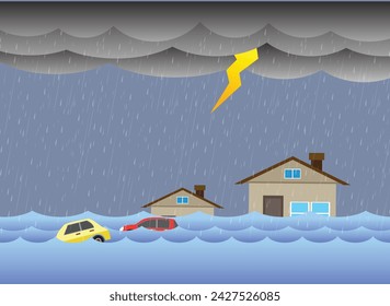 flood, Rain and storm, flooding water in city street, vector design