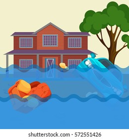 Flood realistic natural disaster vector illustration. Cottage house, car, trees and furniture under water. Inundation of countryside. Overflow of water that submerges land