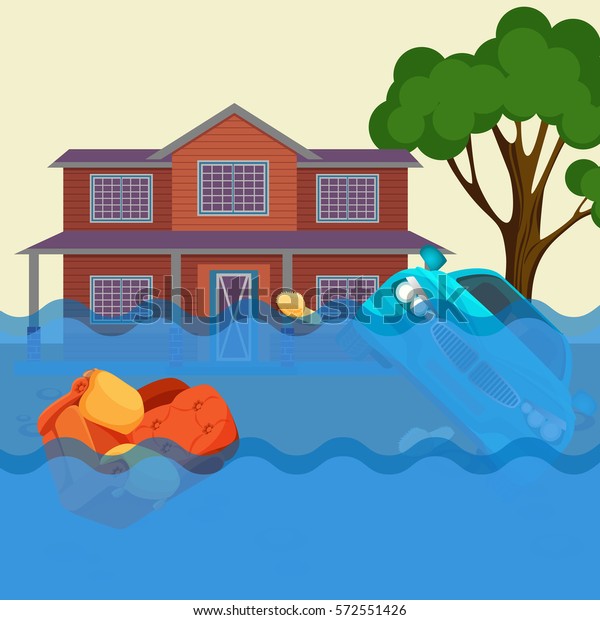 Flood realistic\
natural disaster vector illustration. Cottage house, car, trees and\
furniture under water. Inundation of countryside. Overflow of water\
that submerges land