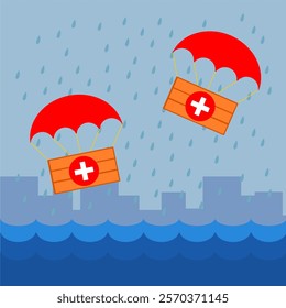 Flood relief with medic parachute supply element vector illustration background for infographic and emphaty purpose. Flooding clip art template. Natural disaster relief