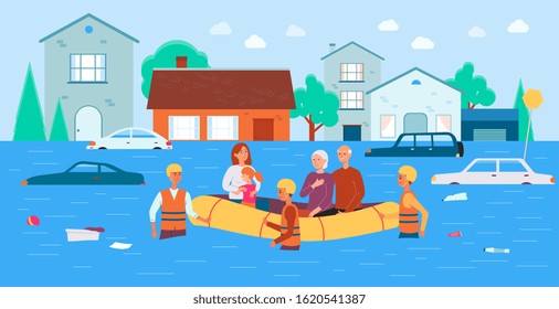 Flood Rescue Banner - Cartoon Family In Boat Saved By Natural Disaster Relief Team Helping Them Move Through Water. Flooded Town Landscape - Flat Vector Illustration.