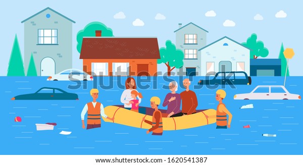 Flood rescue banner - cartoon\
family in boat saved by natural disaster relief team helping them\
move through water. Flooded town landscape - flat vector\
illustration.