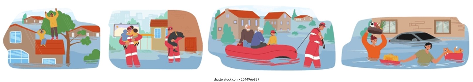 Flood Rescue Scenes Showing Emergency Responders And Civilians Helping Others In Flooded Neighborhoods. People Rescued By Boat, And Pets And Belongings Are Saved From Rising Water. Vector Illustration