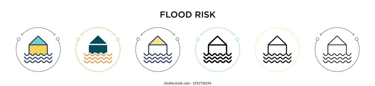Icono de riesgo de inundación en el estilo relleno, delgado, contorno y trazo. Ilustración vectorial de dos iconos de los vectores de riesgo de inundación de color y negro se puede utilizar para móviles, ui, web