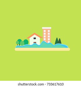 Flood scene with house  vector image in green background