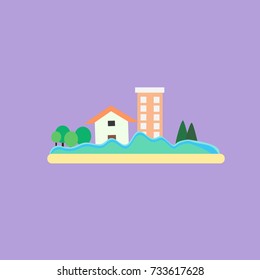 Flood scene with house  vector image in violet background