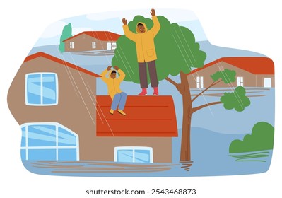 Flood Scene Where Two People Are Stranded On A Rooftop, Seeking Help As Floodwaters Rise Around Their Home. Image Captures Urgency Of Rescue And Vulnerability Of People Affected By Natural Disasters