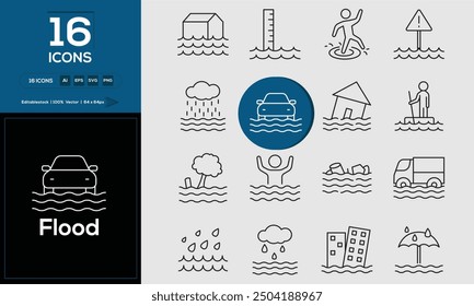 Flood set of outline icons related to analysis, infographic, analytics. Editable stroke. Vector illustration. 