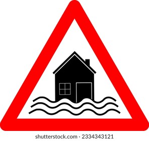 Signe d'inondation. Signal d'avertissement de risque d'inondation. Panneau du triangle rouge avec silhouette d'une maison inondée à l'intérieur. Inonder la prudence. Conditions météorologiques extrêmes. Catastrophe naturelle, tempête, tsunami. Panneau de signalisation.