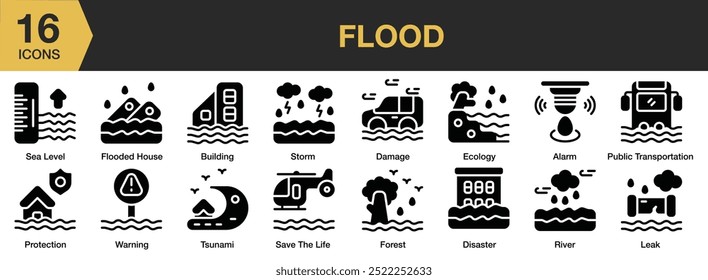 Conjunto de ícone sólido de inundação. Inclui floresta, vazamento, rio, salvar a vida, nível do mar, e Mais. Coleção vetorial de ícones sólidos.