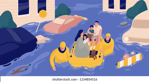 Flood Survivors Sitting In Inflatable Boat Rescued By Pair Of Rescuers. Family Saved From Flooded Area Or Town. People And Natural Disaster. Colorful Vector Illustration In Flat Cartoon Style