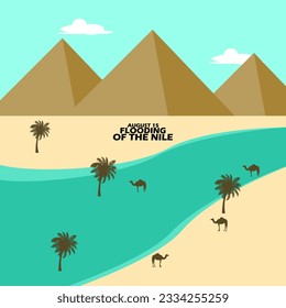 The flood that occurred on the Nile River with trees, camels and the Pyramids in Egypt to commemorate Flooding of the Nile on August 15 Egypt