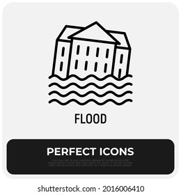 Dünne Linie überfluten Symbol: Haus in Wasser. Überschwemmtes Haus. Naturkatastrophe, Katastrophe. Heimversicherung. Vektorgrafik.