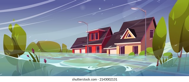 Flood in town, natural disaster with rain and storm at countryside area with flooded buildings. River water stream flow at city street with cottage houses, climate change Cartoon vector illustration