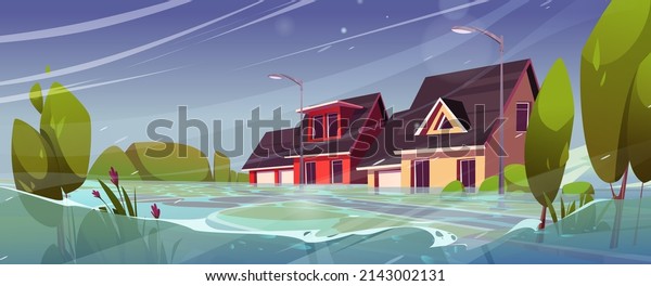 Flood in town, natural disaster with rain\
and storm at countryside area with flooded buildings. River water\
stream flow at city street with cottage houses, climate change\
Cartoon vector\
illustration