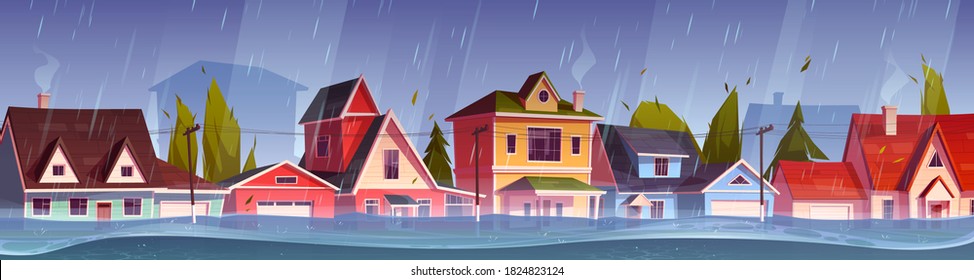 Flood in town, river water stream flow at city street with cottage houses. Natural disaster with rain and storm at countryside area with flooded buildings, climate change. Cartoon vector illustration