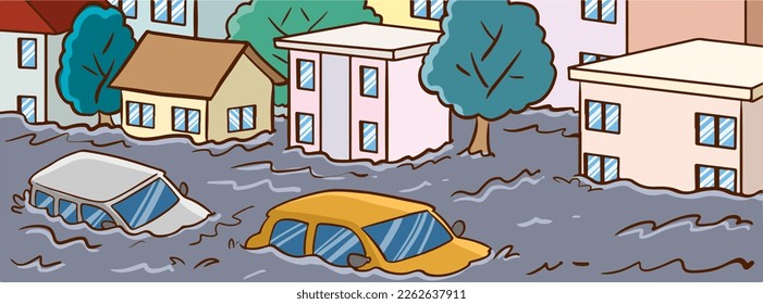 Flood in town, river water stream flow at city street with cottage houses. Natural disaster with rain and storm at countryside area with flooded buildings, climate change. Cartoon vector illustration