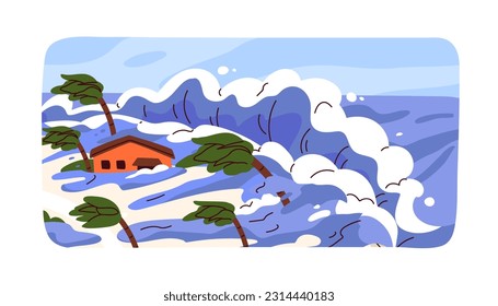 Flood, tsunami landscape. Natural disaster, catastrophe with water waves overflowing. Nature collapse, cataclysm, destruction, devastation of house, property, trees. Flat vector illustration