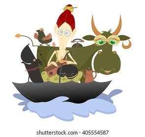 Flood and unruffled calm . Unruffled old woman with farm animals and pets escapes from flood in the umbrella and has a cup of coffee 
