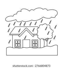 Flood vector illustration, line art coloring page, rainy house weather storm line illustration icon, heavy rain on house coloring page, flood clip art, natural disaster line drawing vector illustration