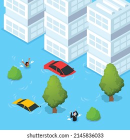 Flood victims asking for help isometric 3d vector illustration concept for banner, website, illustration, landing page, template, etc
