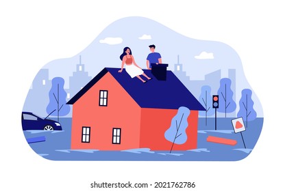 Flood victims sitting on roof of house. Flat vector illustration. Man and woman waiting for help while car, trees, road signs drowning in water. Emergency, natural disaster, flood, rescue concept